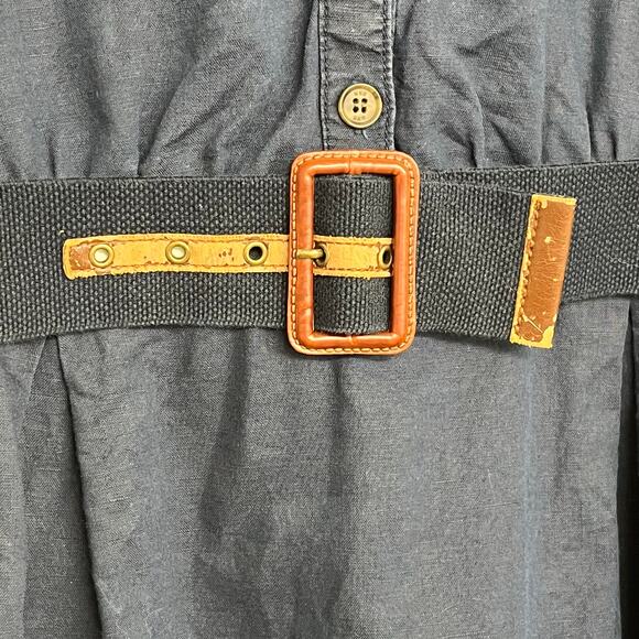 Mango Linen Navy Blue Short Sleeve V Neck Belted Knee Length Preppy Money Dress - Picture 3 of 11